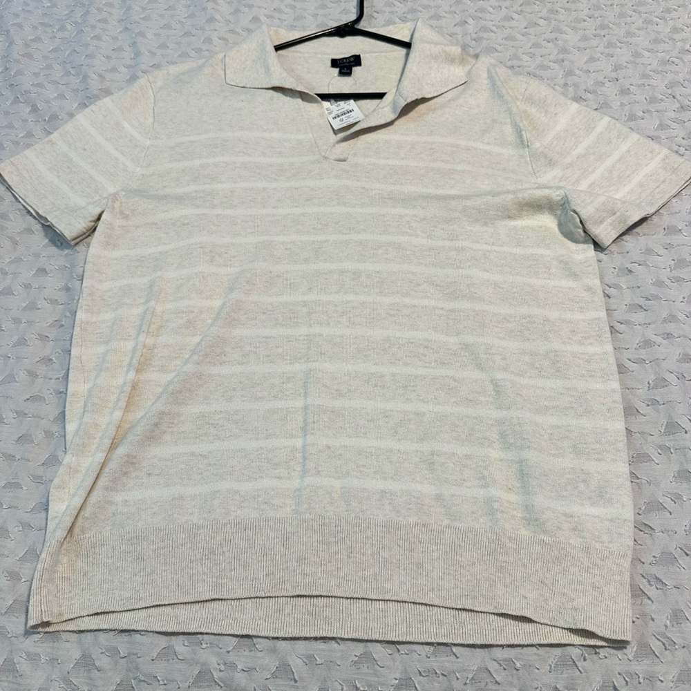 J. Crew Light cream Striped Polo Shirt. Never worn. Size large.